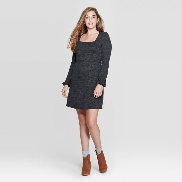 Xhilaration Dresses & Skirts - Xhilaration LS Square Neck Sweater Mini Dress Charcoal Gray